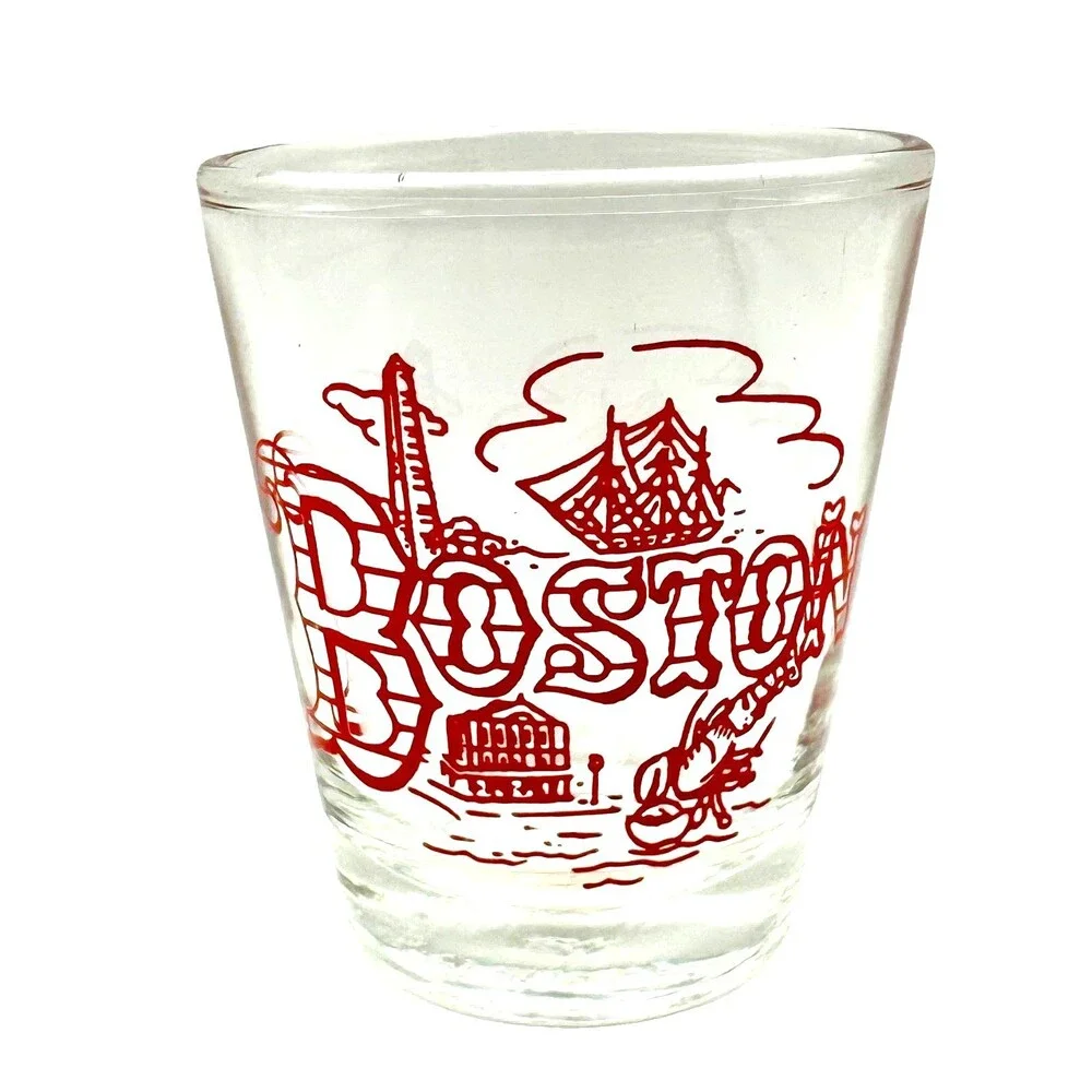 VINTAGE SHOT GLASS BOSTON MASS OLD NORTH CHURCH USS CONSTITUTION BUNKER HILL ETC